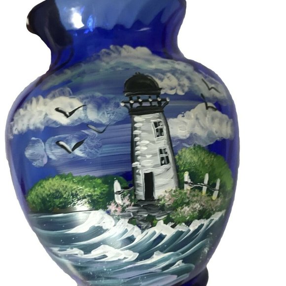 Other - Hand Painted Blue Glass Vase Lighthouse Seagulls